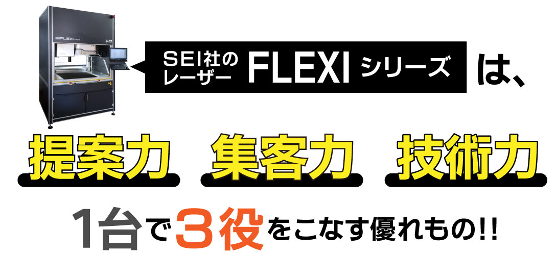 レーザー加工機SEIシリーズ FLEXI（フレキシ）を導入すると『提案力』『集客力』『技術力』の1台で3役をはたします。