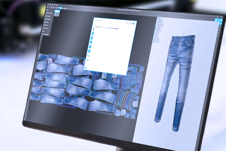 画面上でジーンズの仕上がりをリアルタイムプレビューする専用3Dモデリングソフト「EnGenius」の操作画面