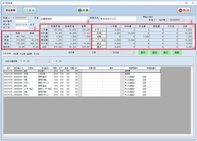 業務支援ソフト「SignJOBZ（サインジョブズ）」の「原価管理」画面