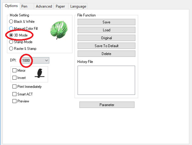 GCC LaserProシリーズのレーザードライバーのオプション設定で、「3D Mode」を選択します。