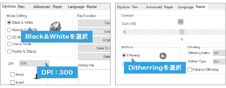 レーザーカッター・レーザー加工機での画像彫刻の表現方法：出力設定がDitherring（ディザリング）の場合