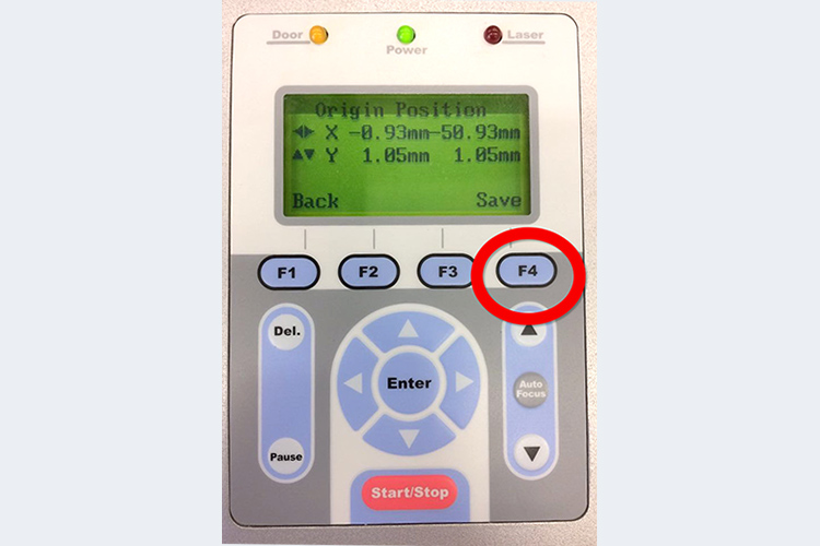 GCC社製レーザーカッター（レーザ加工機）の原点調整方法：原点モードの調整が終われば、F4ボタン(Save)を行います。