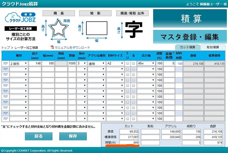 40Wのレーザーカッターで加工した場合の加工時間の算出結果