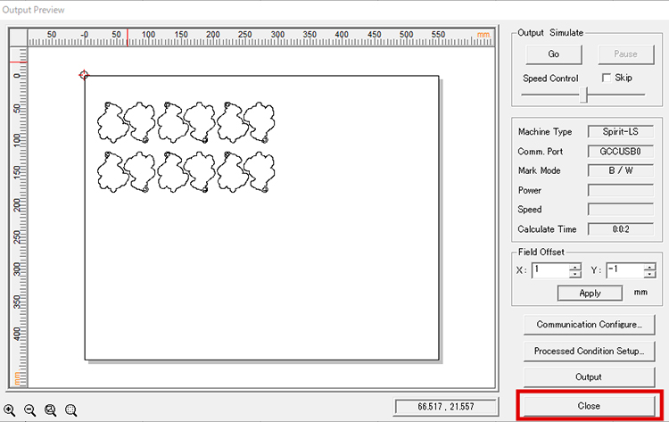 SmartCONTROLソフトにてCCD Calibration実行後に、レーザー加工をすると位置がズレてしまった場合、加工位置を微調整する方法5：Output Previewを閉じる。