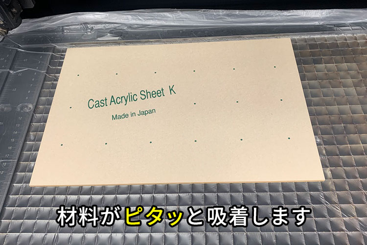 養生シートと材料が密着することで、集塵機が集中して煙を吸引し、過度な炎が上がることや、材料へのモヤの付着が軽減する。