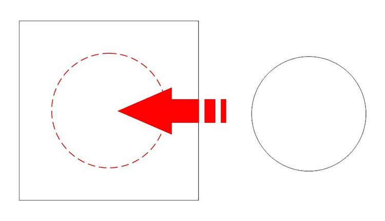 オブジェクトへのスナップ機能（CorelDRAW）：円のデータをドラッグして、四角のデータの中へ配置します。