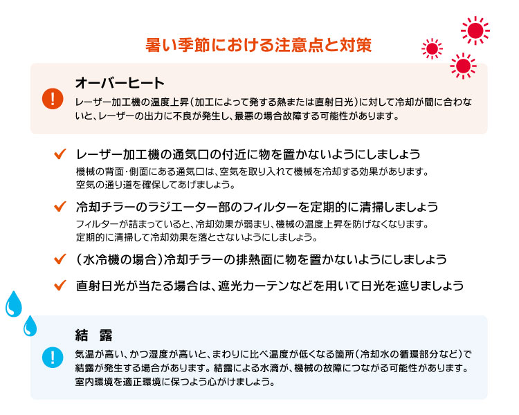 暑い季節における注意点と対策｜レーザー加工機の適切な設置環境（温度・湿度）｜レーザーメンテナンス講座