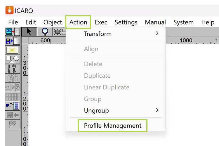 ②［Profile Management］を開く｜ICARO｜レーザー加工の「始点」「終点」を変更する方法｜レーザーメンテナンス講座