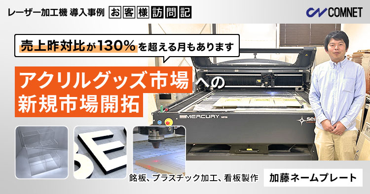 アクリルグッズ市場への新規市場開拓。売上昨対比が130%を超える月も。銘板、樹脂加工、看板製作。加藤ネームプレート様