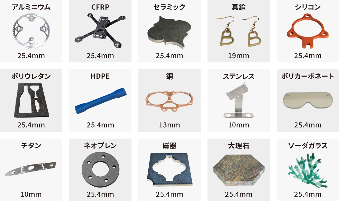カットできる素材例|小型ウォータージェットカッター WAZER(ウェザー)